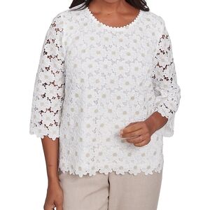 Alfred Dunner Kensington Garden Petite Woven Lace Top Ivory - Sz Large - Spring